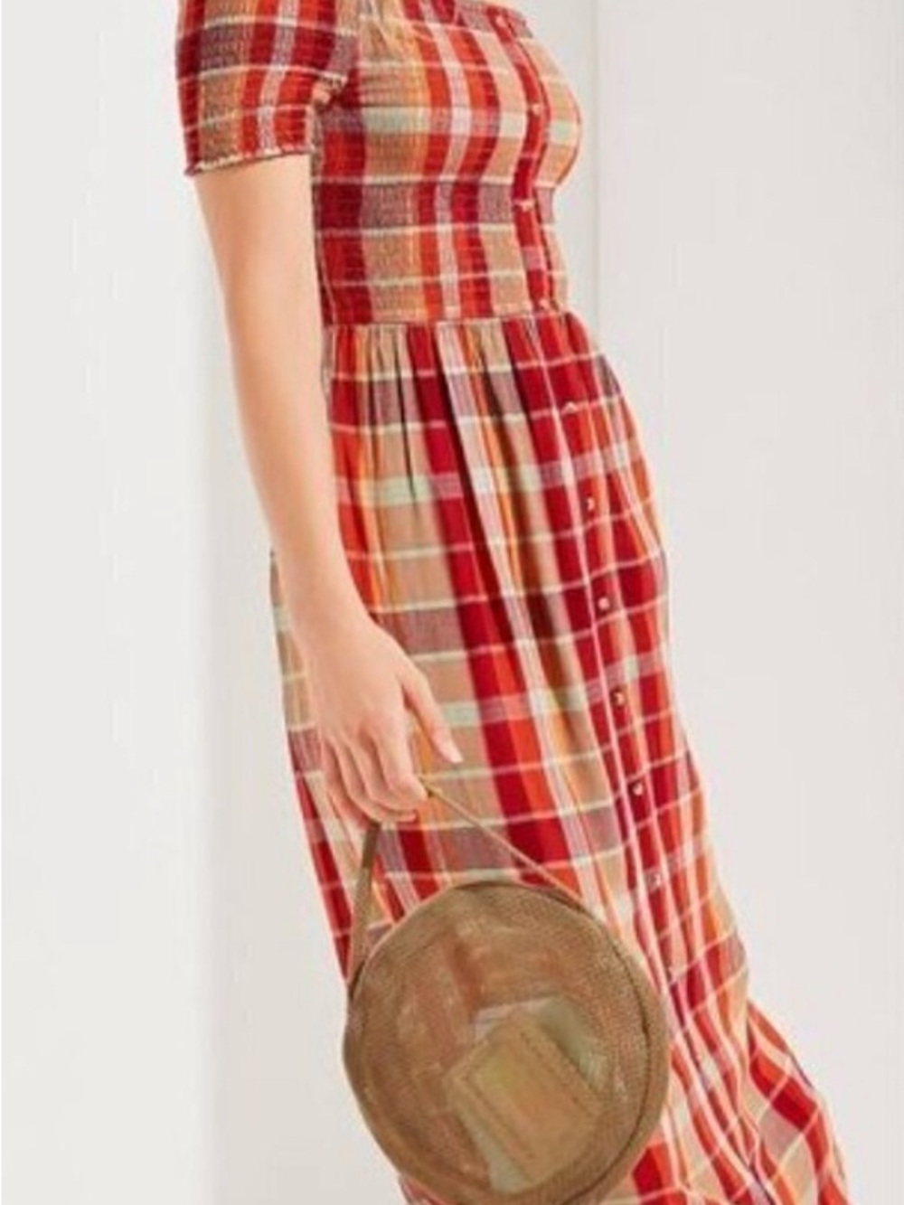 Urban Outfitters Orange Plaid Off-Shoulder Maxi Dress